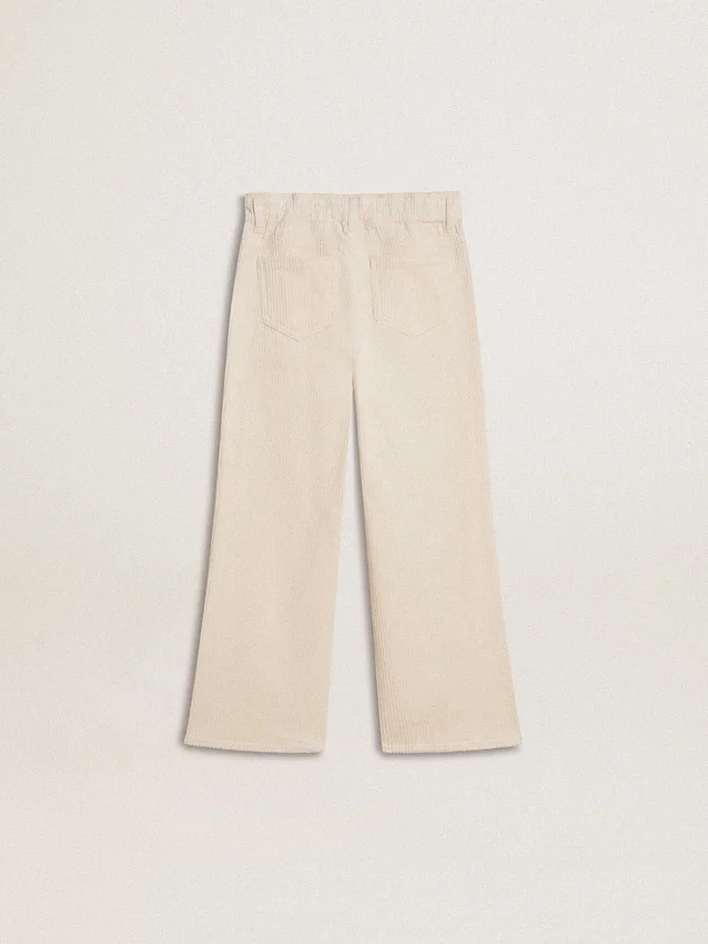Pantaloni largi cu nervuri, de culoare crem, pentru fete, cu broderie