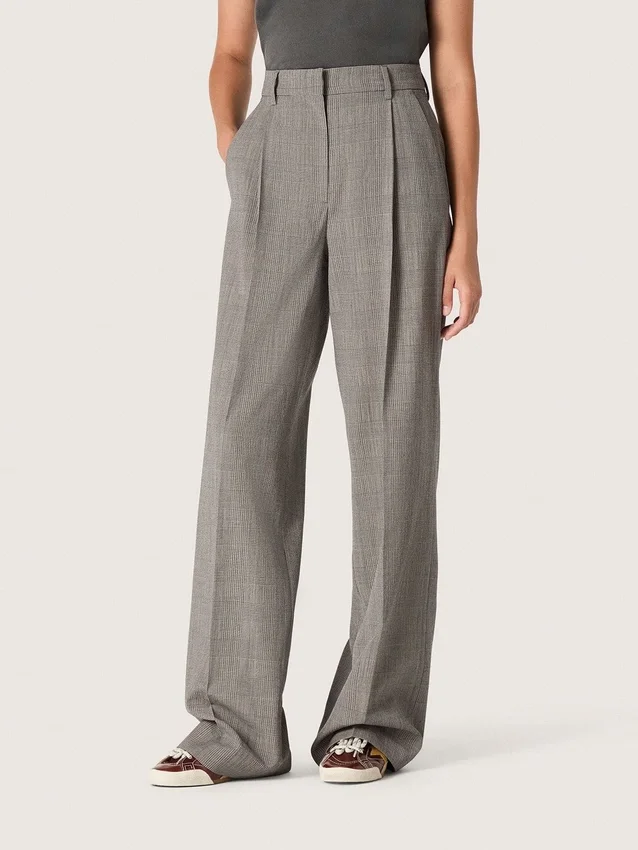 Pantaloni oversized pentru femei, cu model în carouri Prince of Wales gri