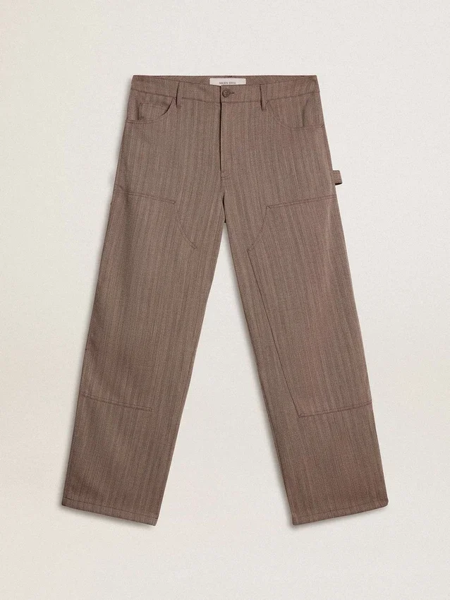 Pantaloni pentru bărbați din amestec de lână, cu model micro-chevron maro deschis