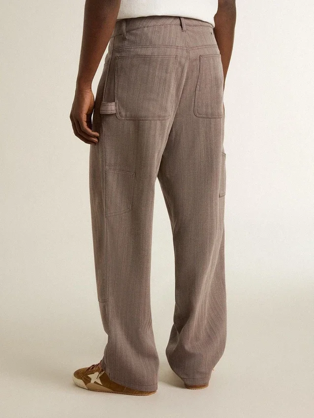 Pantaloni pentru bărbați din amestec de lână, cu model micro-chevron maro deschis