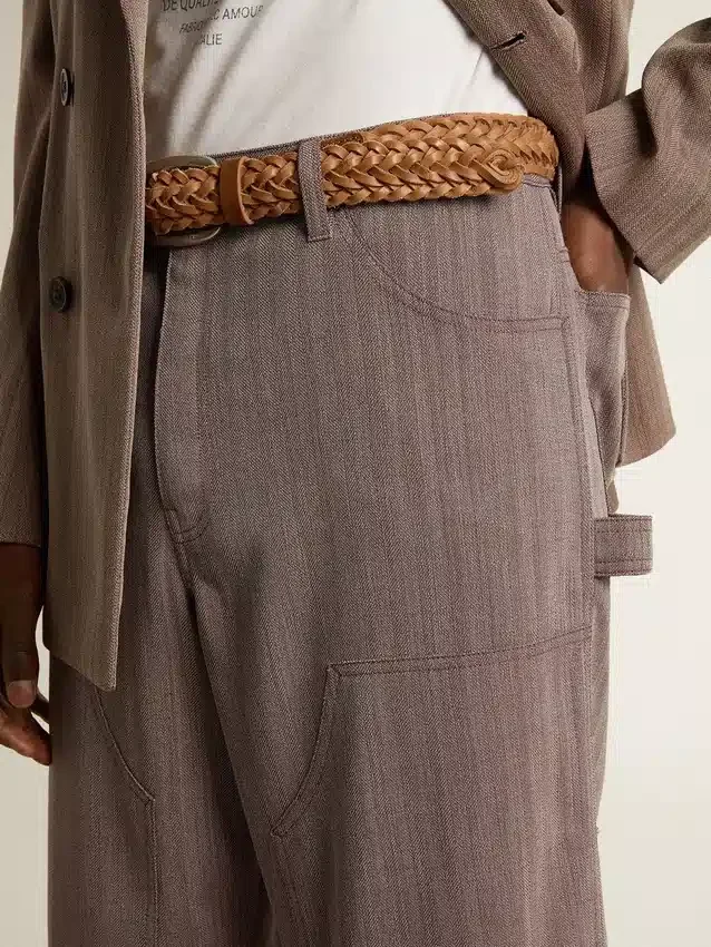 Pantaloni pentru bărbați din amestec de lână, cu model micro-chevron maro deschis
