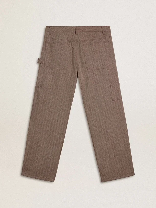 Pantaloni pentru bărbați din amestec de lână, cu model micro-chevron maro deschis