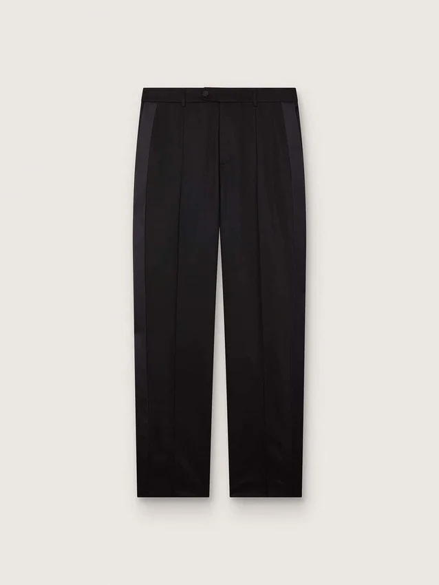 Pantaloni pentru bărbați din lână neagră cu dungă laterală din satin