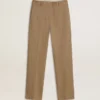 Pantaloni pentru femei din amestec de in cu model în zig-zag, de culoare nisip