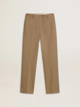 Pantaloni pentru femei din amestec de in cu model în zig-zag, de culoare nisip