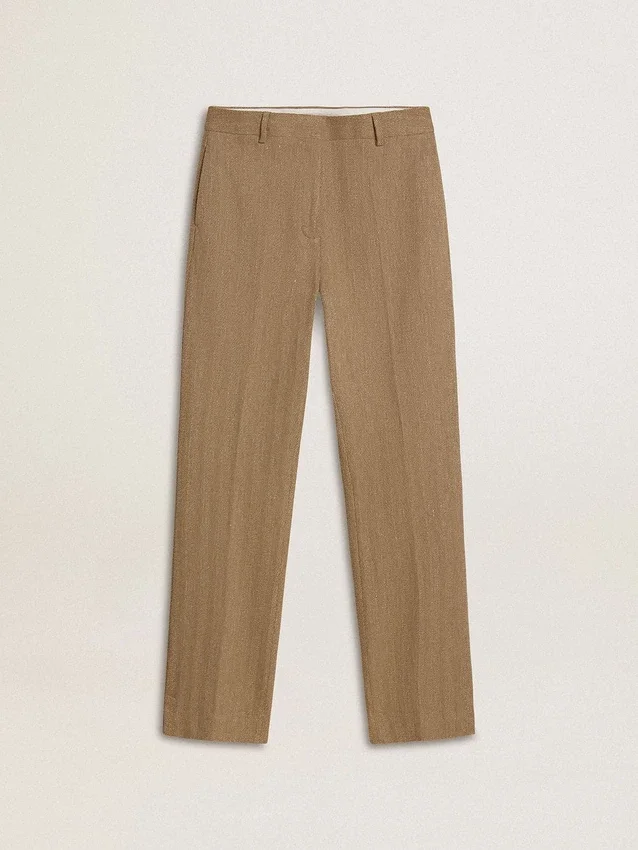 Pantaloni pentru femei din amestec de in cu model în zig-zag, de culoare nisip