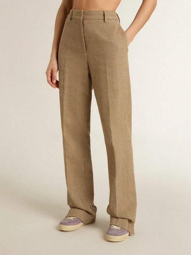 Pantaloni pentru femei din amestec de in cu model în zig-zag, de culoare nisip