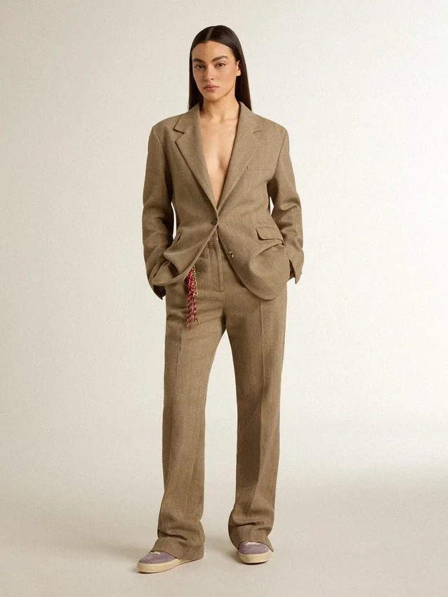 Pantaloni pentru femei din amestec de in cu model în zig-zag, de culoare nisip