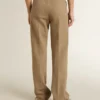 Pantaloni pentru femei din amestec de in cu model în zig-zag, de culoare nisip