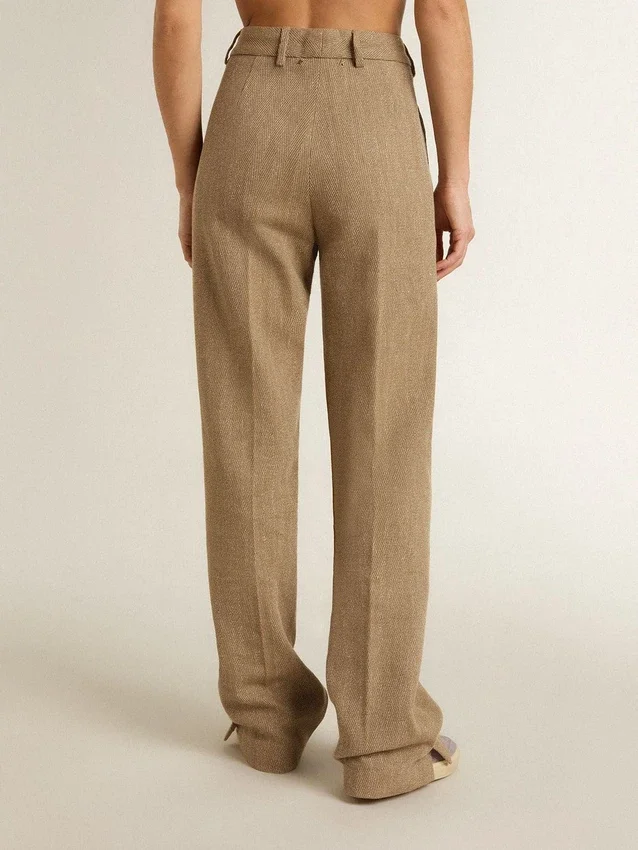 Pantaloni pentru femei din amestec de in cu model în zig-zag, de culoare nisip