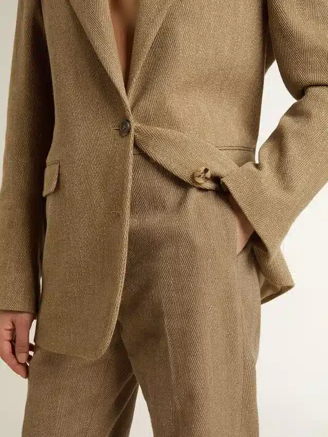 Pantaloni pentru femei din amestec de in cu model în zig-zag, de culoare nisip