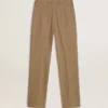 Pantaloni pentru femei din amestec de in cu model în zig-zag, de culoare nisip