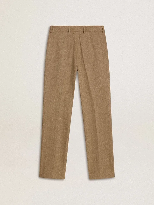 Pantaloni pentru femei din amestec de in cu model în zig-zag, de culoare nisip