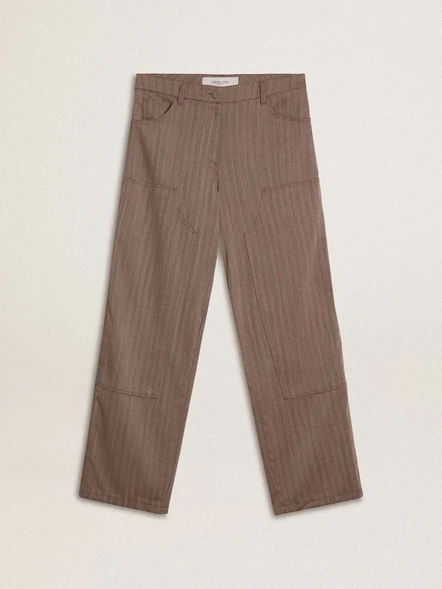 Pantaloni pentru femei din amestec de lână, cu model micro-chevron maro deschis