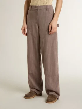 Pantaloni pentru femei din amestec de lână, cu model micro-chevron maro deschis