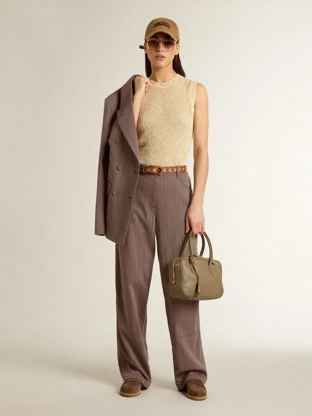 Pantaloni pentru femei din amestec de lână, cu model micro-chevron maro deschis
