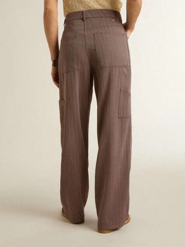 Pantaloni pentru femei din amestec de lână, cu model micro-chevron maro deschis