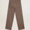 Pantaloni pentru femei din amestec de lână, cu model micro-chevron maro deschis