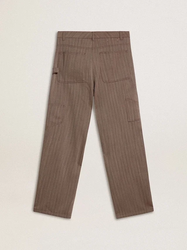 Pantaloni pentru femei din amestec de lână, cu model micro-chevron maro deschis