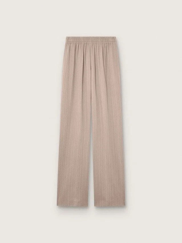 Pantaloni pentru femei din amestec de lână gri cu motiv în dungi fine și talie elastică