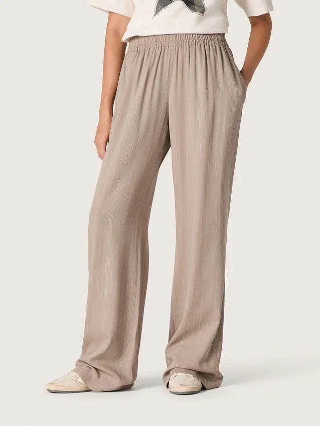 Pantaloni pentru femei din amestec de lână gri cu motiv în dungi fine și talie elastică