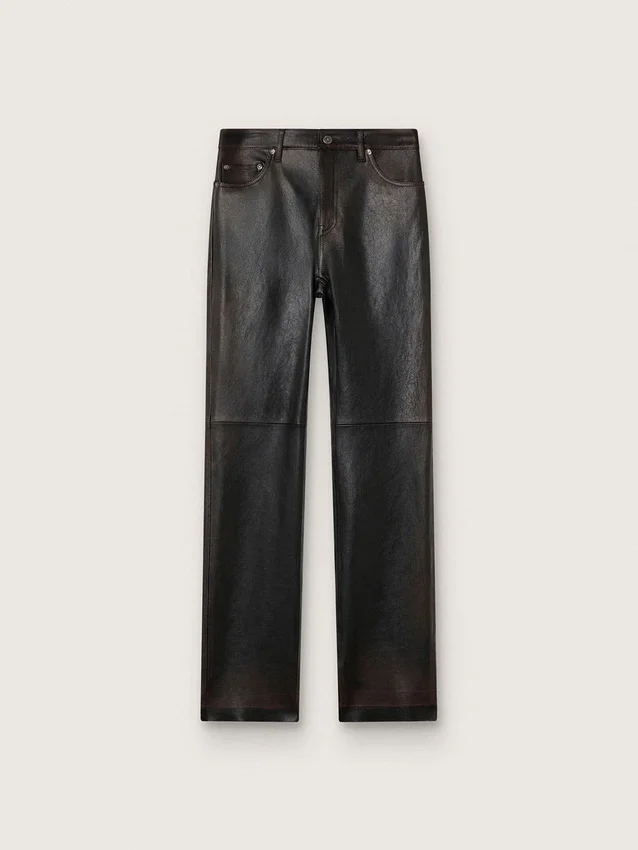 Pantaloni pentru femei din piele nappa de culoare burgund închis, cu finisaj vintage