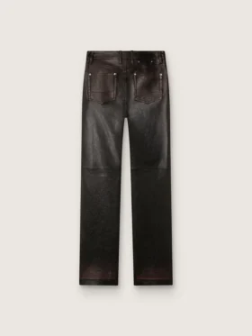 Pantaloni pentru femei din piele nappa de culoare burgund închis, cu finisaj vintage