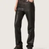 Pantaloni pentru femei din piele nappa de culoare burgund închis, cu finisaj vintage