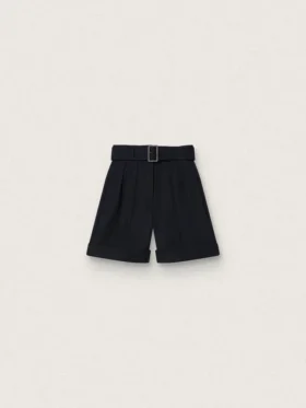 Pantaloni scurți pentru femei din gabardină de lână neagră, cu curea la talie
