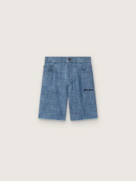 Pantaloni scurți unisex Journey din bumbac chambray albastru deschis, cu logo brodat
