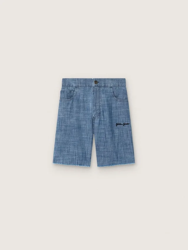 Pantaloni scurți unisex Journey din bumbac chambray albastru deschis, cu logo brodat