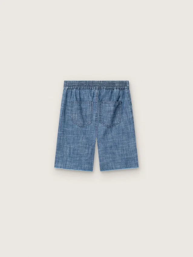 Pantaloni scurți unisex Journey din bumbac chambray albastru deschis, cu logo brodat