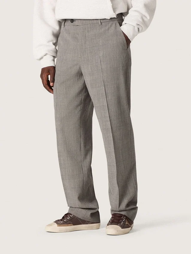 Pantaloni slim fit pentru bărbați, cu model Prince of Wales în carouri gri