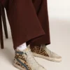 Papuci Slide fără șireturi pentru femei din piele de ponei cu imprimeu leopard și stea din piele argintie