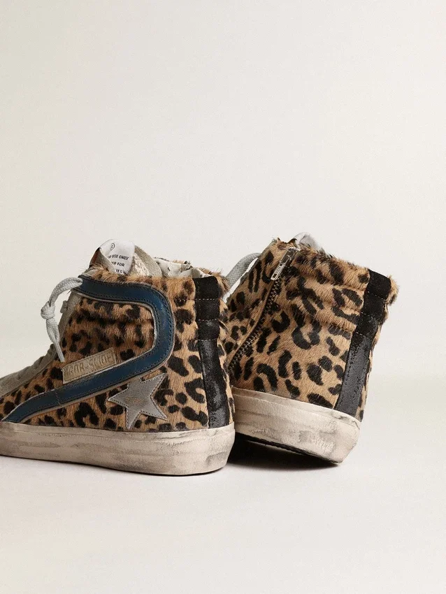 Papuci Slide fără șireturi pentru femei din piele de ponei cu imprimeu leopard și stea din piele argintie