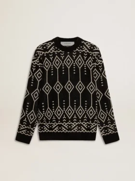 Pulover bărbătesc cu guler rotund din amestec de lână, cu model argyle jacquard
