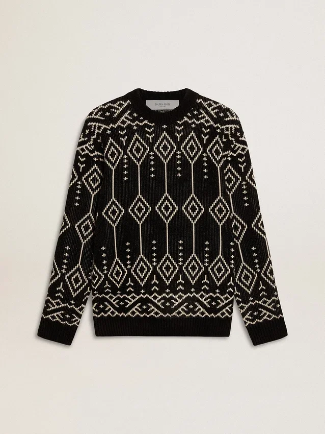 Pulover bărbătesc cu guler rotund din amestec de lână, cu model argyle jacquard