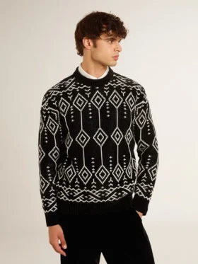 Pulover bărbătesc cu guler rotund din amestec de lână, cu model argyle jacquard