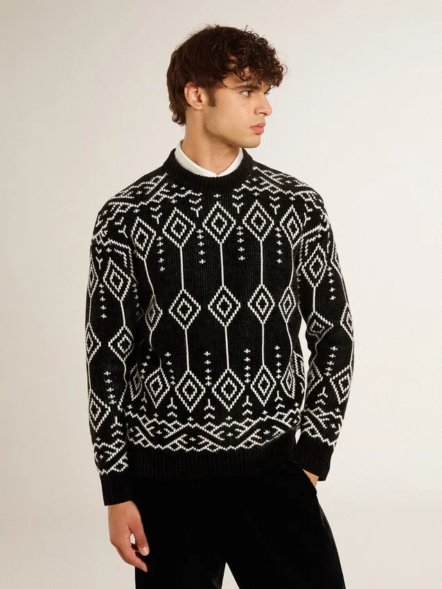 Pulover bărbătesc cu guler rotund din amestec de lână, cu model argyle jacquard