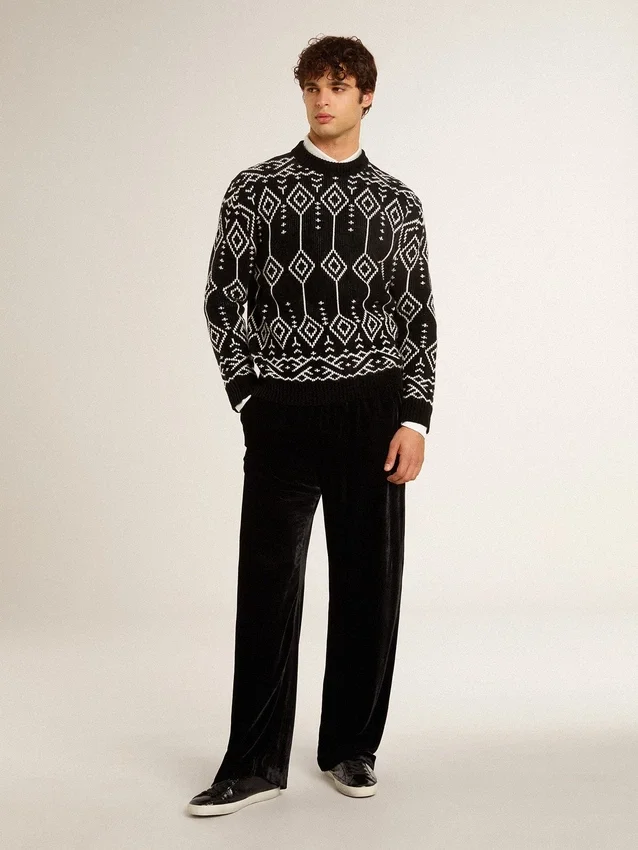 Pulover bărbătesc cu guler rotund din amestec de lână, cu model argyle jacquard