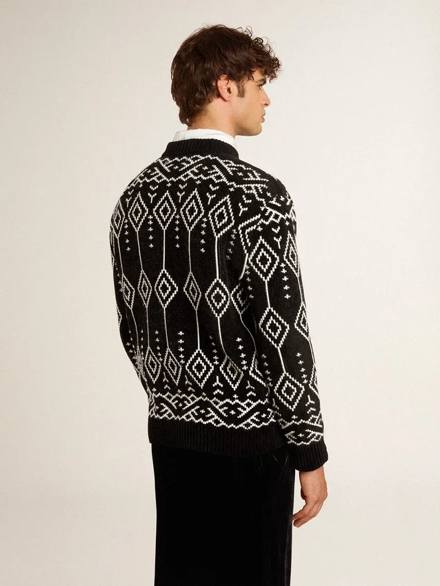 Pulover bărbătesc cu guler rotund din amestec de lână, cu model argyle jacquard