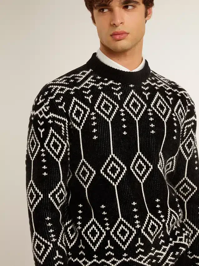 Pulover bărbătesc cu guler rotund din amestec de lână, cu model argyle jacquard
