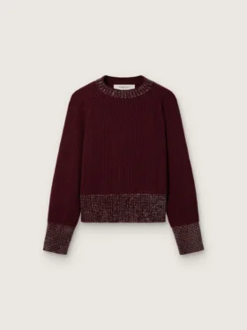 Pulover pentru femei cu guler rotund din lână de culoare burgund, cu broderie din strasuri