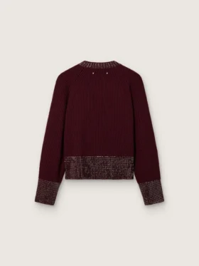 Pulover pentru femei cu guler rotund din lână de culoare burgund, cu broderie din strasuri
