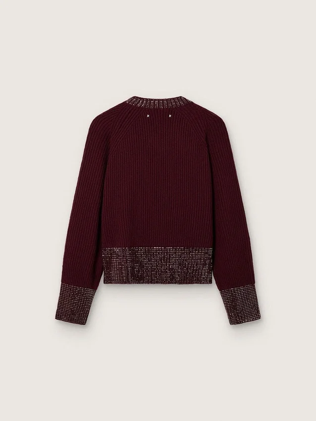 Pulover pentru femei cu guler rotund din lână de culoare burgund, cu broderie din strasuri