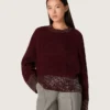 Pulover pentru femei cu guler rotund din lână de culoare burgund, cu broderie din strasuri