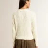 Pulover pentru femei cu guler rotund, din lână merino albă, cu cristale pe toată suprafața