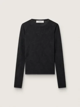 Pulover pentru femei cu guler rotund și model jacquard floral negru