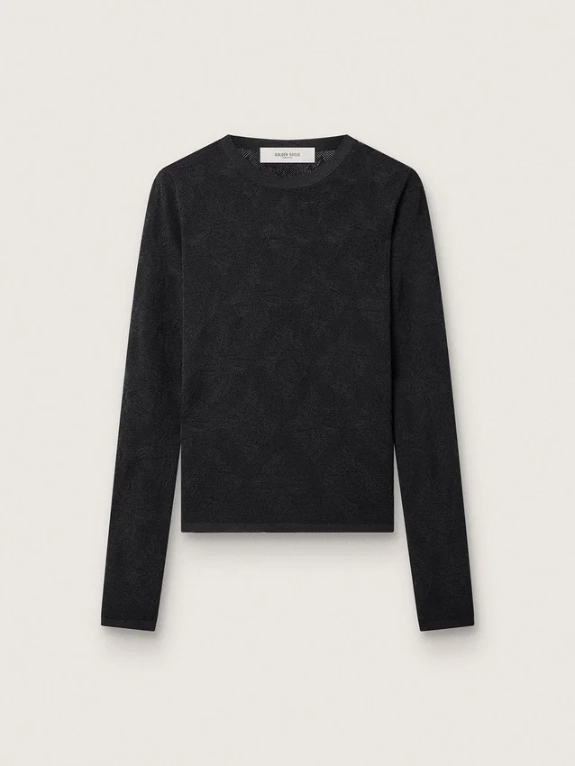 Pulover pentru femei cu guler rotund și model jacquard floral negru