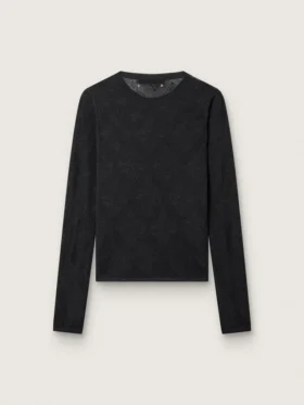 Pulover pentru femei cu guler rotund și model jacquard floral negru